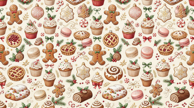 Festive dessert and pastry holiday pattern featuring gingerbread men fruit pies and frosted cupcakes.