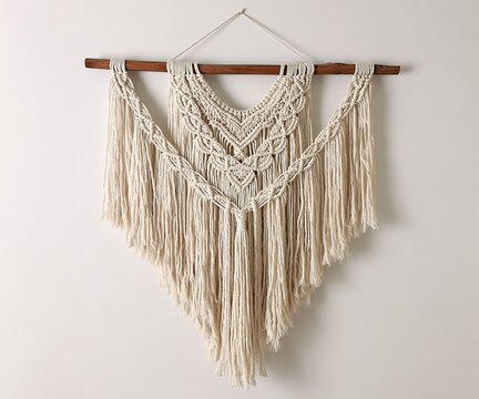 Macrame Wall Hanging with Cream Fringe and Wooden Stick
