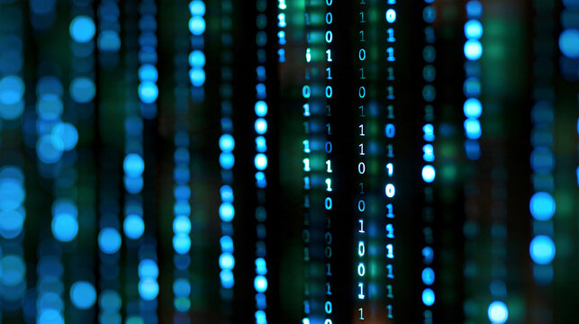 Matrix of digital binary lights with vibrant code, with copy space