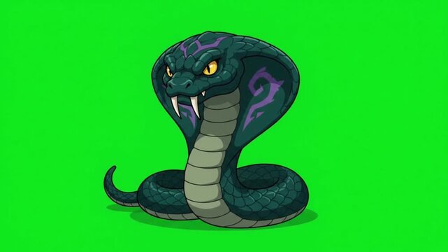 Cobra snake with hood flared and glowing eyes in animated motion on green background