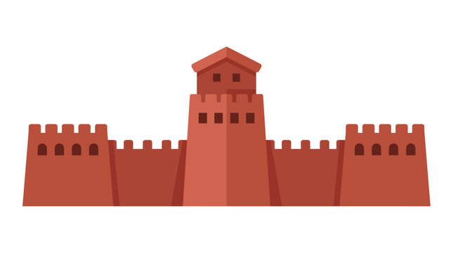 Flat vector illustration of an ancient red stone fortification wall with a central watchtower and battlements, isolated on a white background for architectural and history design.