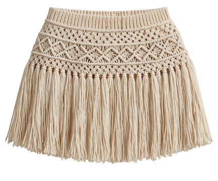 Beige Macrame Mini Skirt with Fringe Hem