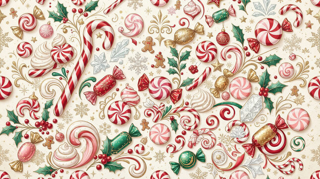 Seamless christmas pattern featuring candy canes and colorful peppermint sweets for festive wrapping paper.