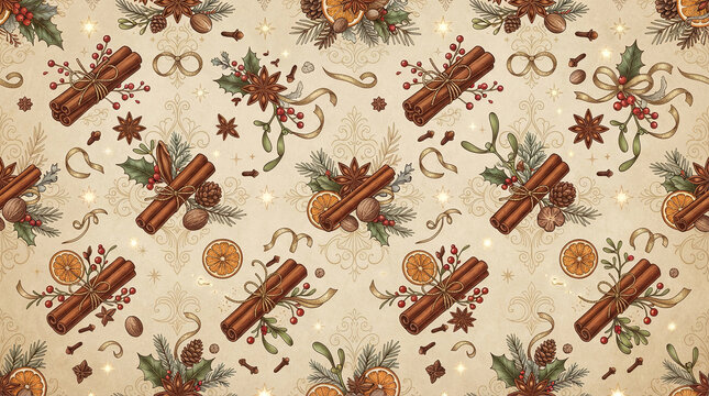 Spiced cinnamon and dried orange slice pattern with star anise and mistletoe for seasonal winter kitchen decor.