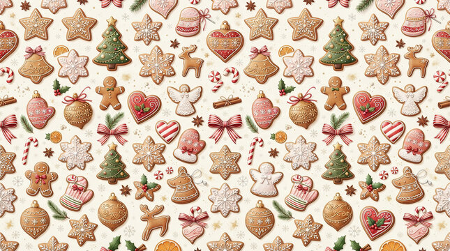 Variety of charming Christmas gingerbread cookies shaped like stars and angels in a pattern.