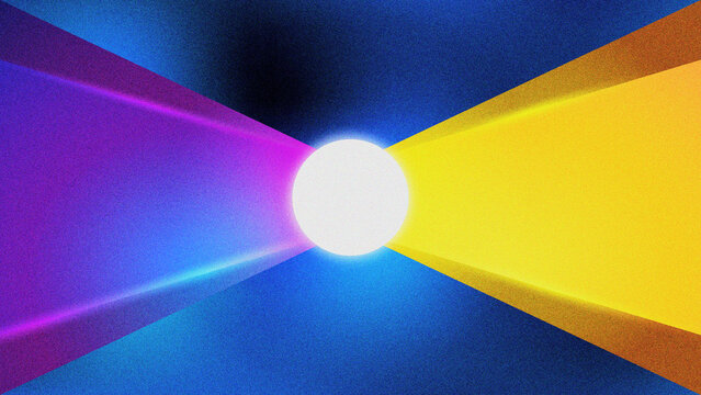 Modern abstract background with blue gradient mesh background with yellow and purple shape and glowing white circle in the middle. Technology or futuristic illustration background.