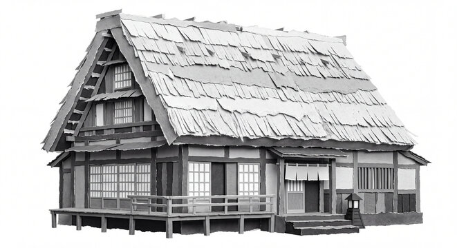 Traditional Japanese Gassho-zukuri House Ripped Paper Craft Illustration Isolated on White Background, Monochrome Torn Paper Heritage Architecture