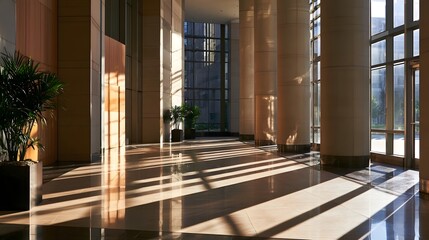 Fototapeta premium Sunlight streams through tall casting long shadows across a polished marble lobby with large columns and potted plants