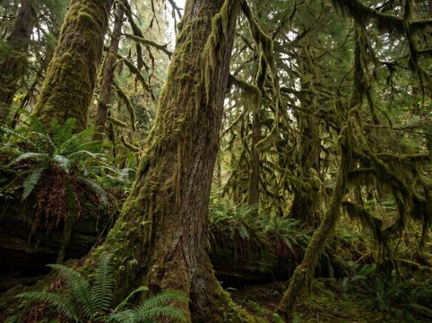 Mossy ancient trees and ferns in lush temperate rainforest