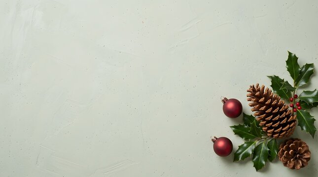 Festive winter holiday arrangement with berries and pinecones on a neutral background