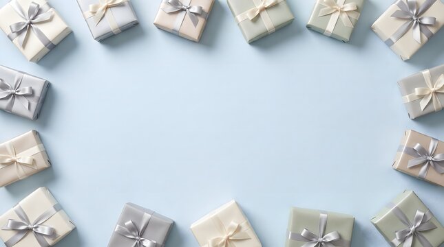 Assortment of beautifully wrapped gifts arranged in a circular frame on a pastel background