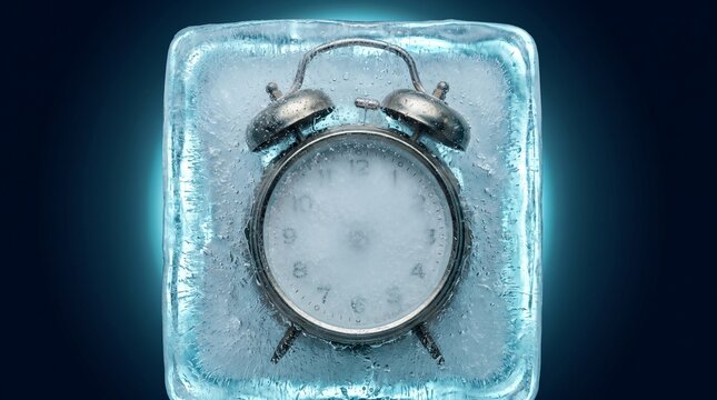 Vintage alarm clock frozen inside a large transparent block of clear ice