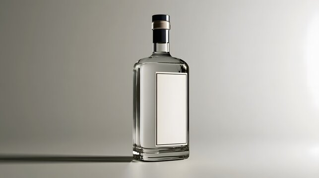 A clear glass bottle with a blank label and black cap stands on a neutral surface under soft lighting