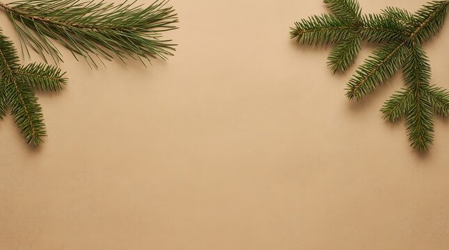 Festive pine branches and needles create a seasonal border on a warm background