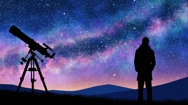 MetadataTelescope stargazing night sky starry sky silhouette person Milky Way astronomy colorful galaxy, lone observer gazes upward beside
