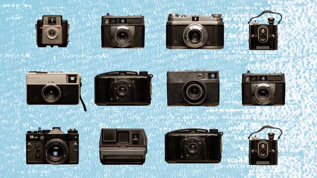 sequence of different vintage analogue film cameras