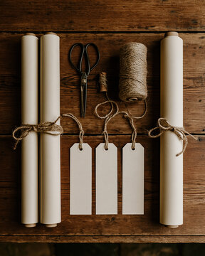 Overhead flat lay of gift wrapping station with paper roll, twine, scissors, and blank tags on rustic wooden table