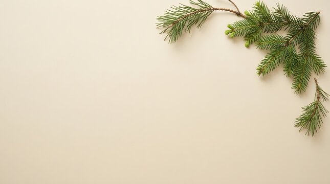 Festive winter pine branch with cones against a soft neutral background