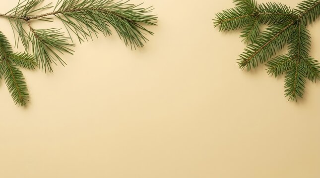 Festive pine branches frame a neutral beige background for holiday themed designs