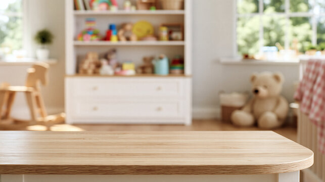 Children's playroom with toys: A bright and cheerful children's playroom filled with colorful toys, a teddy bear, and a rocking horse, creating a warm and inviting atmosphere for play and imagination.