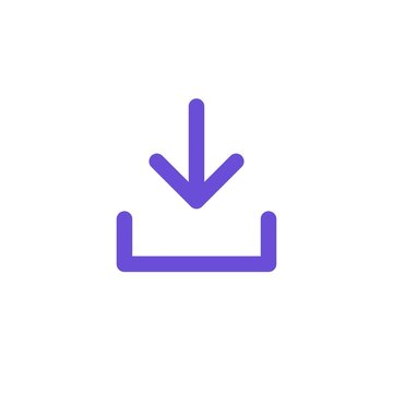 Seamless loop of an animated download arrow dropping into a tray, purple line icon on white background