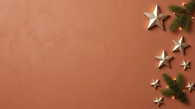 Minimalist festive background with golden star ornaments and evergreen branches on terracotta