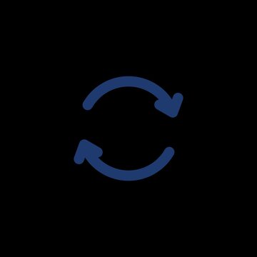 Seamless loop of an animated refresh icon with two circular arrows rotating, navy blue line icon, alpha channel transparent background overlay