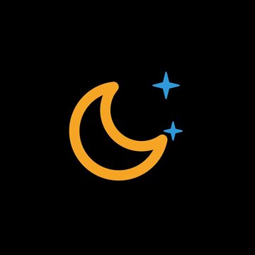 Seamless loop of a crescent moon and twinkling stars icon, multicolor line icon in navy blue, orange and sky blue, alpha channel transparent background overlay