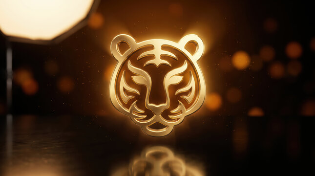 Golden Tiger (Panthera tigris) Head Emblem on Reflective Surface with Warm Studio Bokeh Background