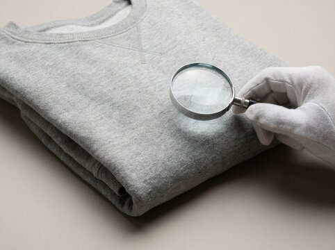 resale garment condition check Folded gray sweater under inspection with magnifying glass held by a hand.