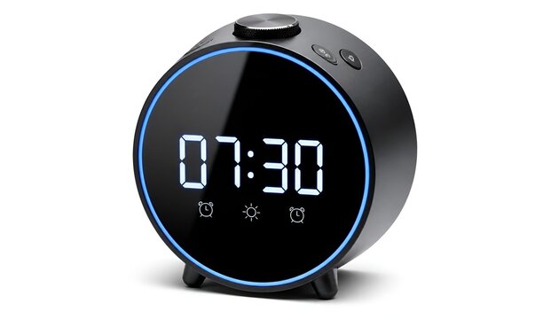 Modern round digital alarm clock with blue light ring on white background