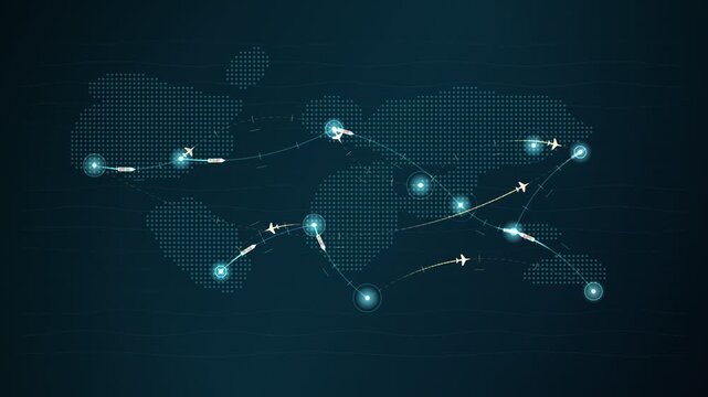 Global air travel network animation with glowing flight paths