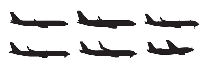 Six distinct black airplane silhouettes from side view, ideal for aviation and travel themes. © Md