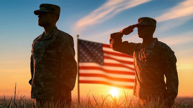 Soldier silhouette saluting American flag at sunrise