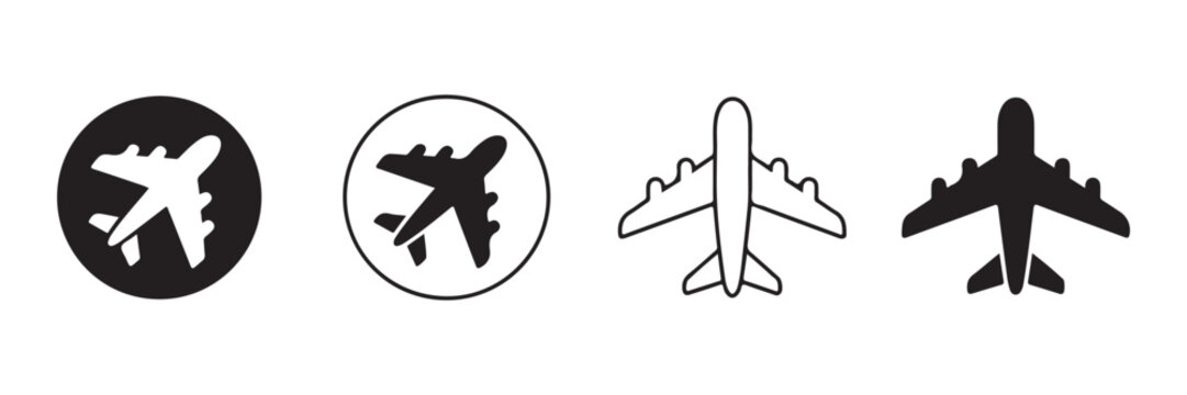 Airplane top view icon collection featuring filled and outline flight symbols in round frames.