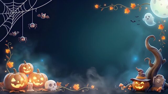 Cute Halloween Background with Glowing Jack O Lantern Pumpkins, Spider Web, Ghost, and Full Moon, Spooky Cute October Autumn Holiday Motion Graphic Video Presentation Project Background Concept Idea