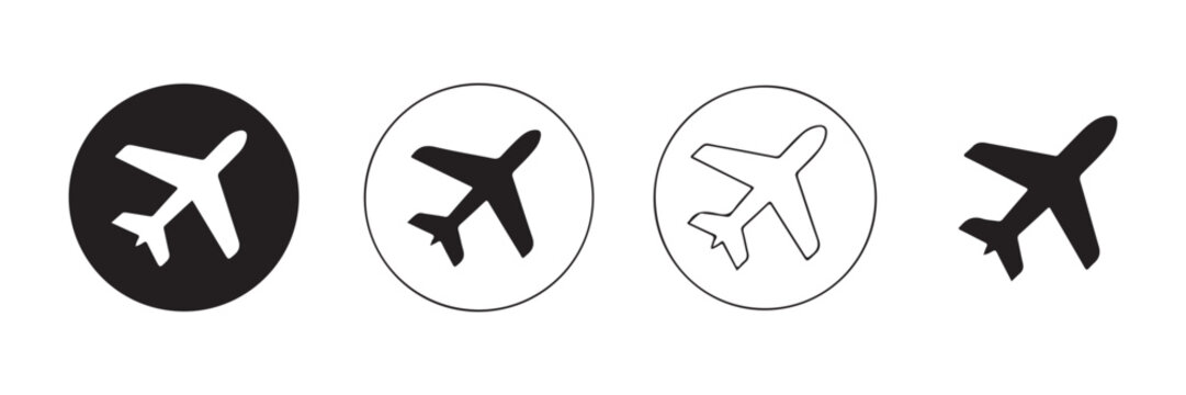 Airplane top view flat icon set presenting simple flight symbols in circular and standalone styles.
