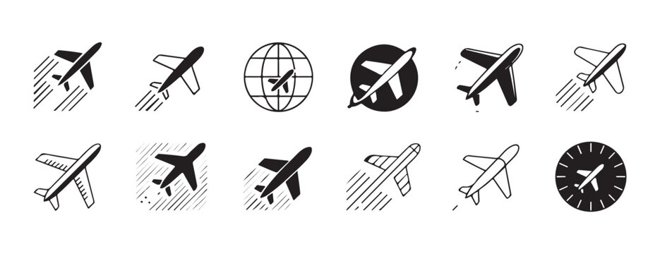 Black and white airplane vector icons set with globe circle and clock for travel and flight design.