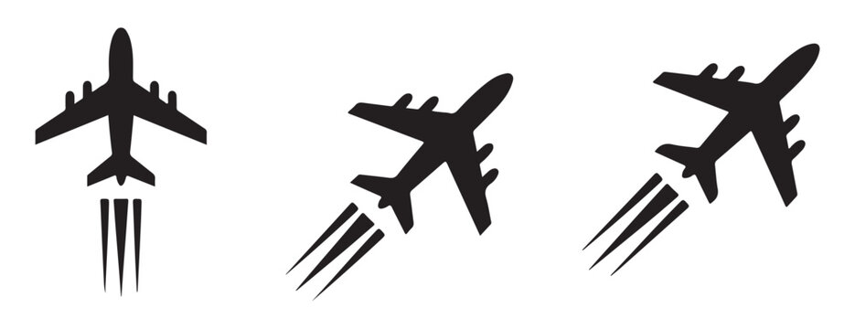 Black airplane vector icons with four engine jet planes showing flight trails for travel and aviation.