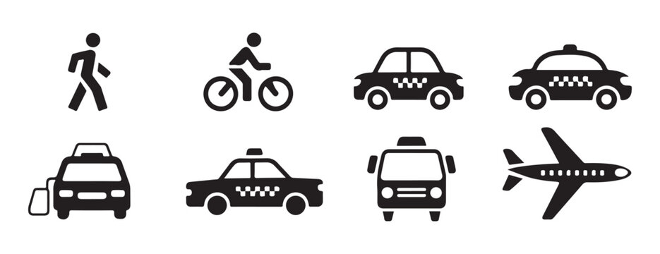 Set of transport icons including pedestrian cyclist taxi car bus and airplane for travel and city services.