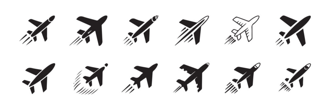 Collection of airplane icons with speed lines and motion effects for aviation and travel designs.