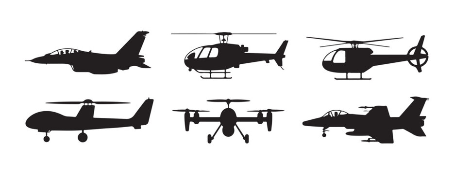 Assortment of military and civilian aircraft including fighter jets helicopters and drone.