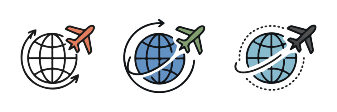 Colorful globe with airplane flight path icon set representing global travel and tourism concepts.