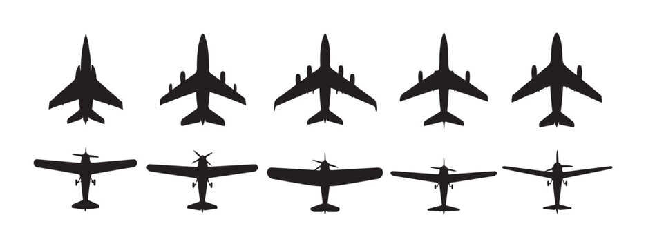 Collection of various airplane silhouettes showcasing different aircraft types for design projects.