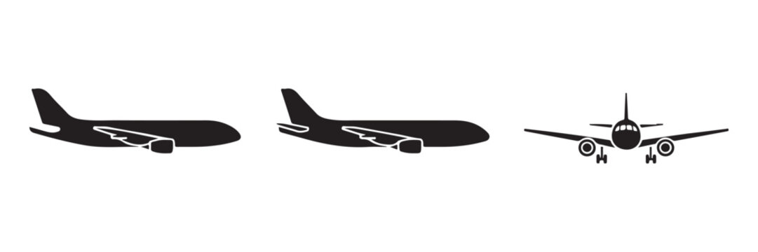 Set of passenger aircraft silhouettes depicting side and front profiles for professional aviation use.