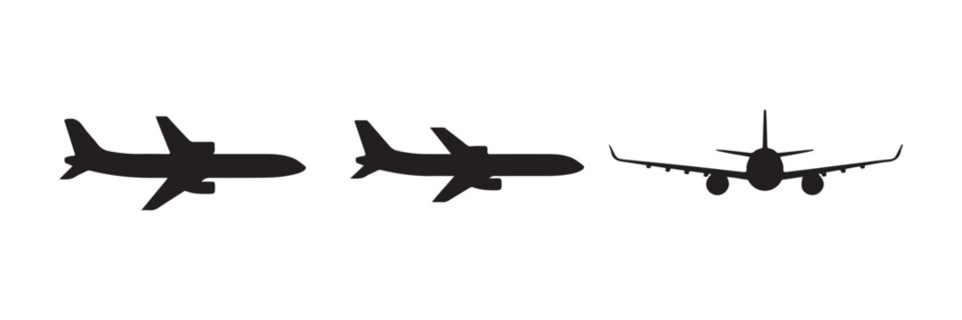 Collection of modern passenger plane silhouettes showing various flight views for aviation graphics.