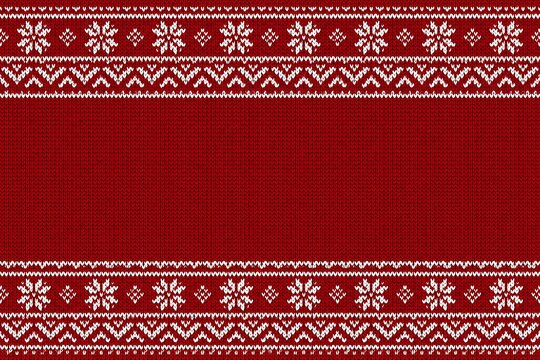 Nordic knitted pattern border in red and white, fair isle Christmas sweater fabric background, Scandinavian holiday knit text frame