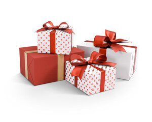 Obraz na płótnie Canvas A group of four stacked presents from a front on view, wrapped up in red and white paper with red and gold ribbon bows for Christmas isolated against a transparent background