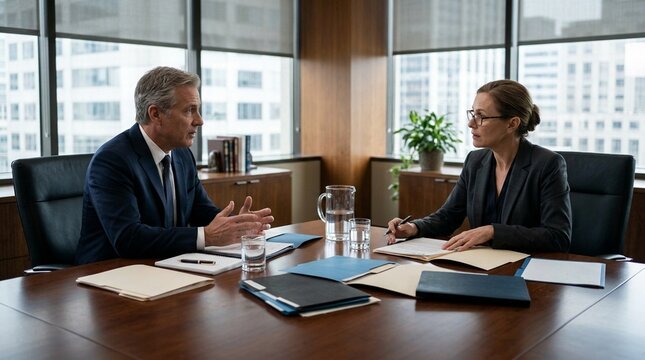 Regulator and bank director meeting across table with folders, financial regulation, oversight and compliance discussion