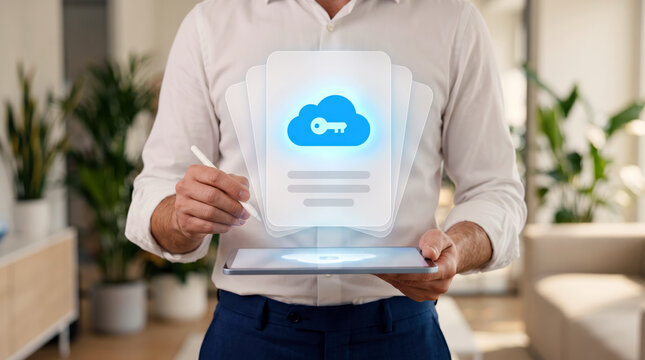 Access control for cloud accounts shown by a key inside a blue cloud above stacked pages, a password manager with secure login that lets only authorized users open shared files